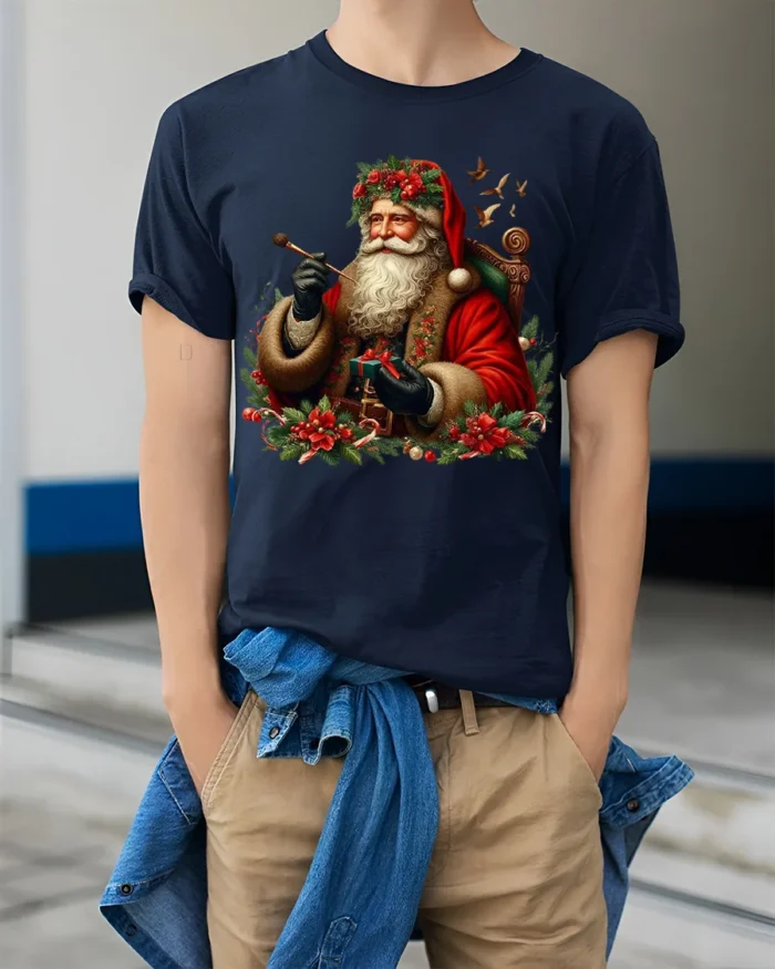 Vintage Santa Claus Christmas Holiday T-Shirt - model wearing navy shirt, hands in pockets