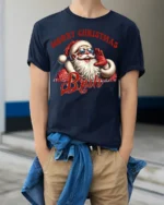 Funny Santa Merry Christmas Bruh Graphic T-Shirt - model wearing navy shirt, hands in pockets