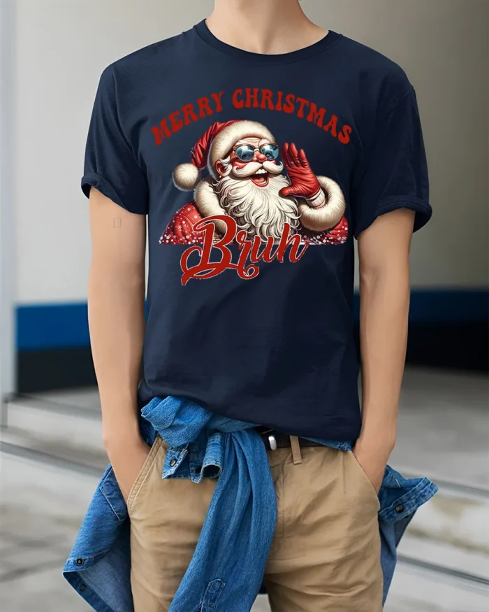 Funny Santa Merry Christmas Bruh Graphic T-Shirt - model wearing navy shirt, hands in pockets