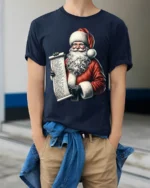 Santa Claus Christmas Naughty Nice List T-Shirt - model wearing navy shirt, hands in pockets