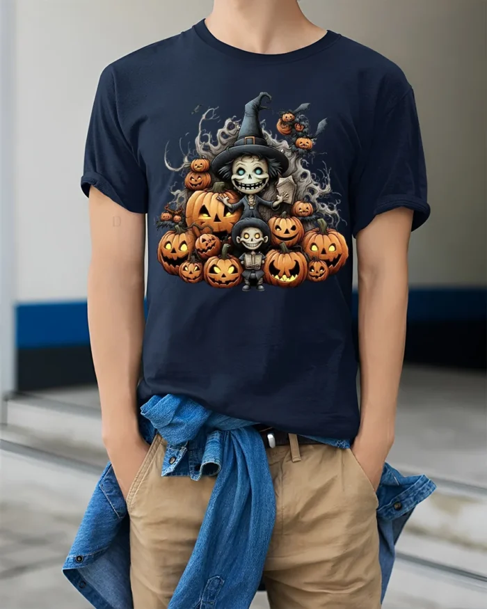 Witch Pumpkin Pile Halloween Skeleton T-Shirt - model wearing navy shirt, hands in pockets