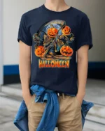 Pumpkin Reaper Halloween Scythe Graphic T-Shirt - model wearing navy shirt, hands in pockets