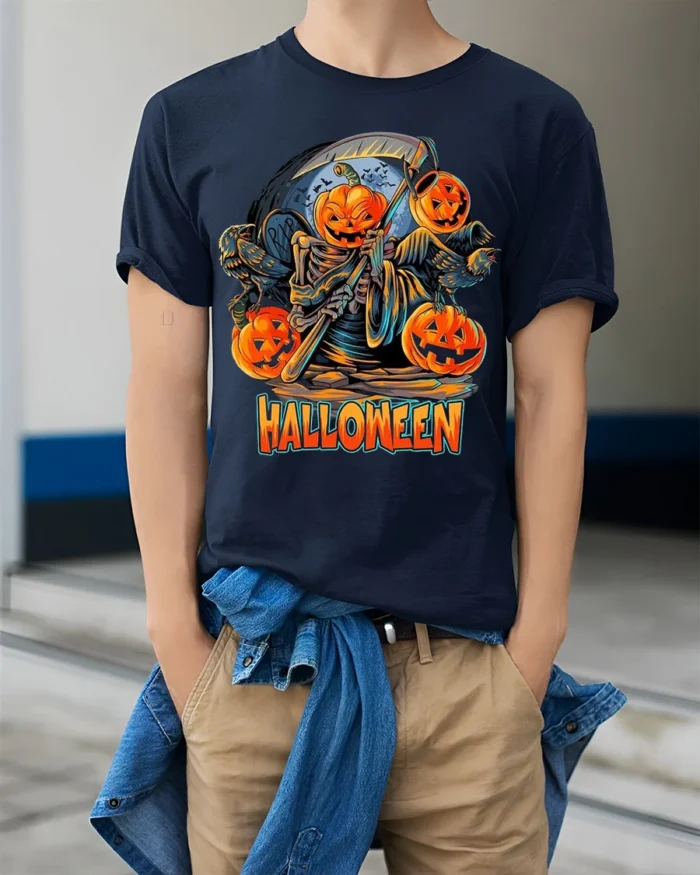Pumpkin Reaper Halloween Scythe Graphic T-Shirt - model wearing navy shirt, hands in pockets