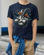 Dalmatian Witch Cauldron Halloween Graphic T-Shirt - model wearing navy shirt, hands in pockets