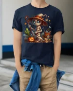 Cute Mummy Witch Halloween Pumpkin Graphic T-Shirt - model wearing navy shirt, hands in pockets
