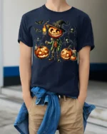 Pumpkin Head Halloween Witch Scarecrow T-Shirt - model wearing navy shirt, hands in pockets