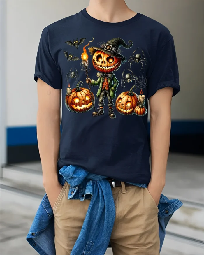 Pumpkin Head Halloween Witch Scarecrow T-Shirt - model wearing navy shirt, hands in pockets