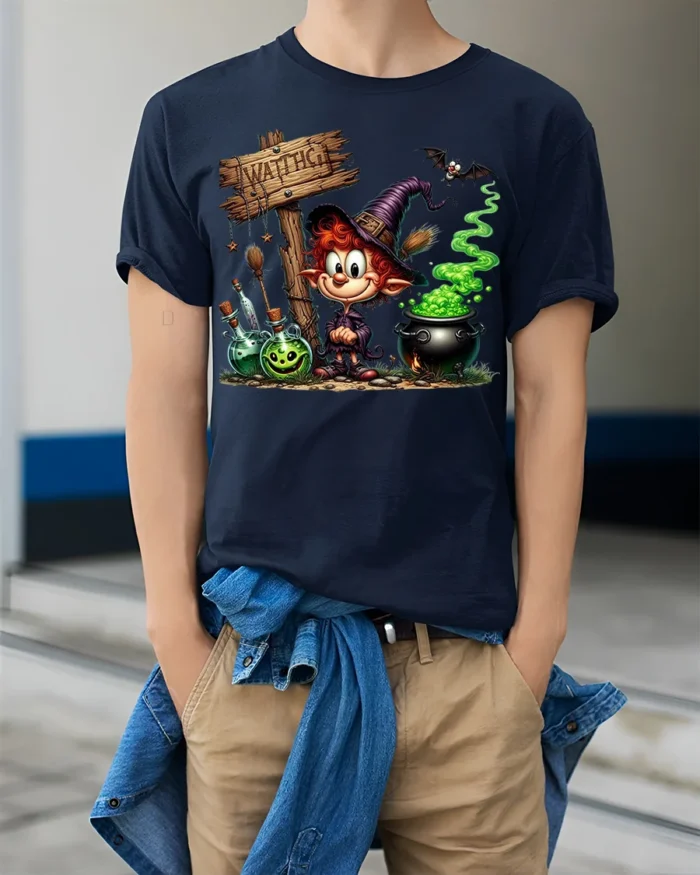 Cartoon Witch Halloween Cauldron Magic T-Shirt - model wearing navy shirt, hands in pockets