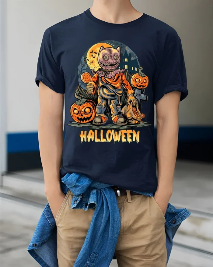 Scary Doll Mask Pumpkin Halloween Graphic T-Shirt - model wearing navy shirt, hands in pockets