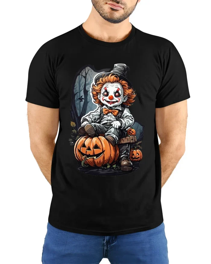 Scary Clown Halloween Pumpkin Graphic T-Shirt - model wearing black shirt, hands behind back