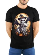 Skeleton Rider Halloween Dragon Pumpkin T-Shirt - model wearing black shirt, hands behind back
