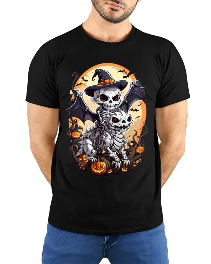 Skeleton Rider Halloween Dragon Pumpkin T-Shirt - model wearing black shirt, hands behind back