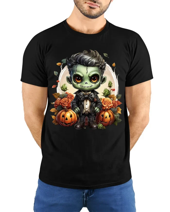 Cute Frankenstein Halloween Pumpkin Graphic T-Shirt - model wearing black shirt, hands behind back
