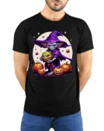 Goblin Wizard Halloween Pumpkin Graphic T-Shirt - model wearing black shirt, hands behind back