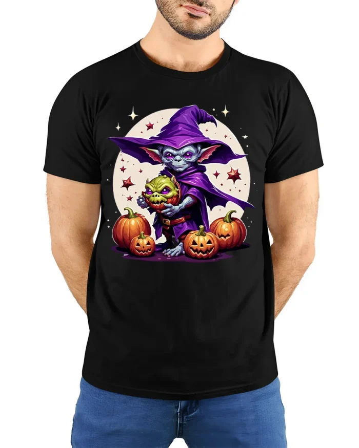 Goblin Wizard Halloween Pumpkin Graphic T-Shirt - model wearing black shirt, hands behind back