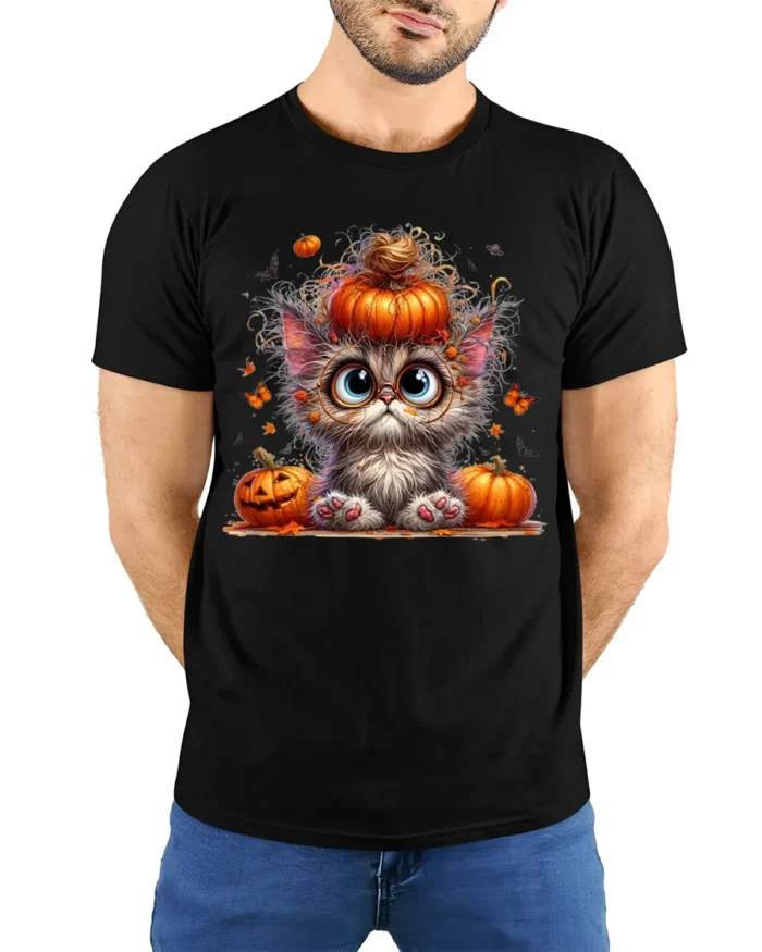 Cute Halloween Kitten Pumpkin Graphic T-Shirt - model wearing black shirt, hands behind back