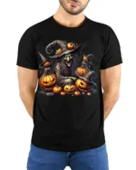Evil Witch Pumpkin Halloween Scary Graphic T-Shirt - model wearing black shirt, hands behind back