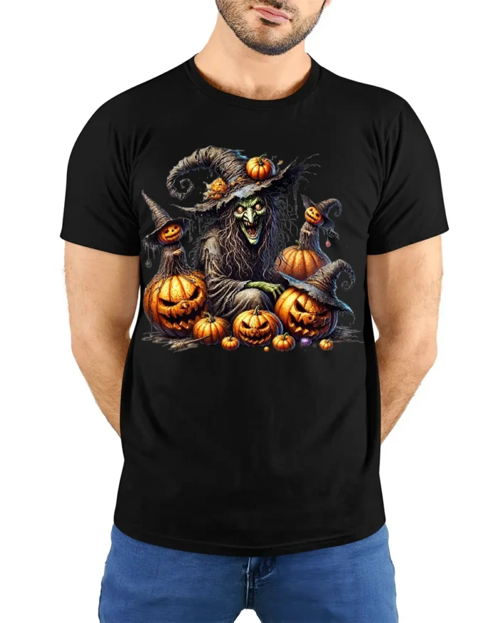 Evil Witch Pumpkin Halloween Scary Graphic T-Shirt - model wearing black shirt, hands behind back