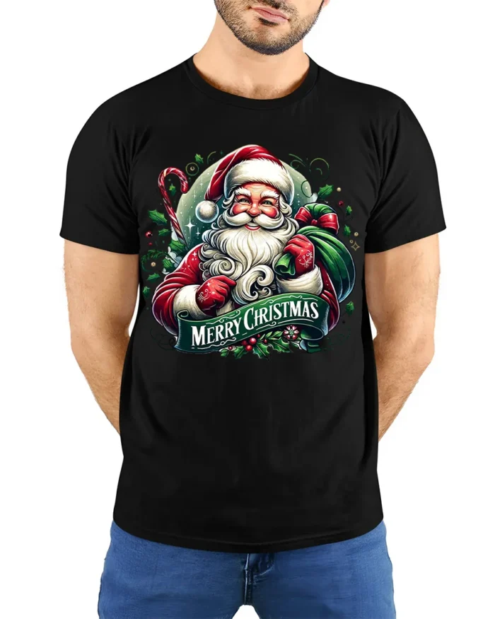 Classic Santa Merry Christmas Holiday T-Shirt - model wearing black shirt, hands behind back