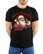 Funny Santa Merry Christmas Bruh Graphic T-Shirt - model wearing black shirt, hands behind back