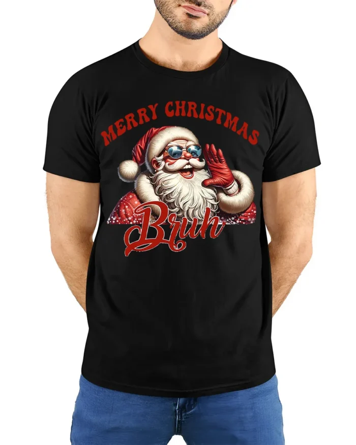 Funny Santa Merry Christmas Bruh Graphic T-Shirt - model wearing black shirt, hands behind back