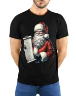 Santa Claus Christmas Naughty Nice List T-Shirt - model wearing black shirt, hands behind back