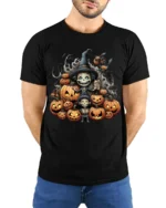 Witch Pumpkin Pile Halloween Skeleton T-Shirt - model wearing black shirt, hands behind back