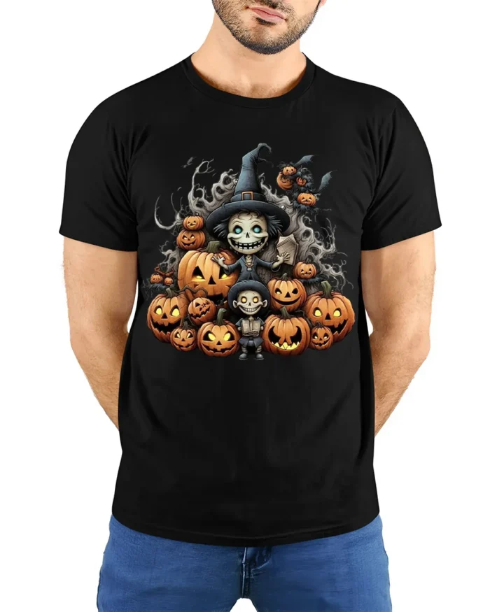 Witch Pumpkin Pile Halloween Skeleton T-Shirt - model wearing black shirt, hands behind back