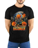 Pumpkin Reaper Halloween Scythe Graphic T-Shirt - model wearing black shirt, hands behind back