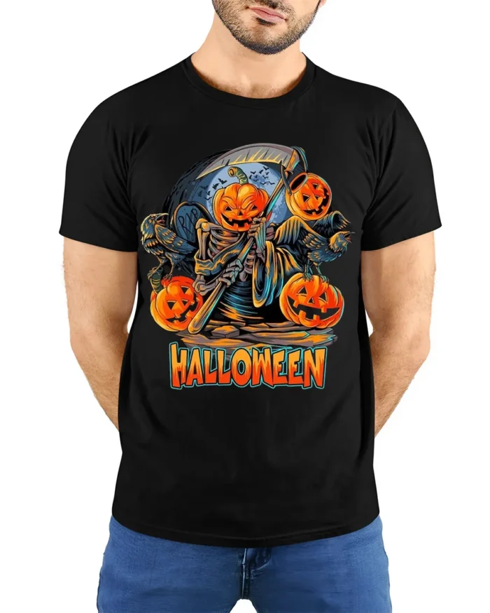 Pumpkin Reaper Halloween Scythe Graphic T-Shirt - model wearing black shirt, hands behind back