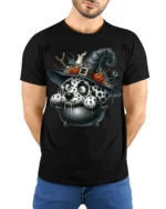 Dalmatian Witch Cauldron Halloween Graphic T-Shirt - model wearing black shirt, hands behind back