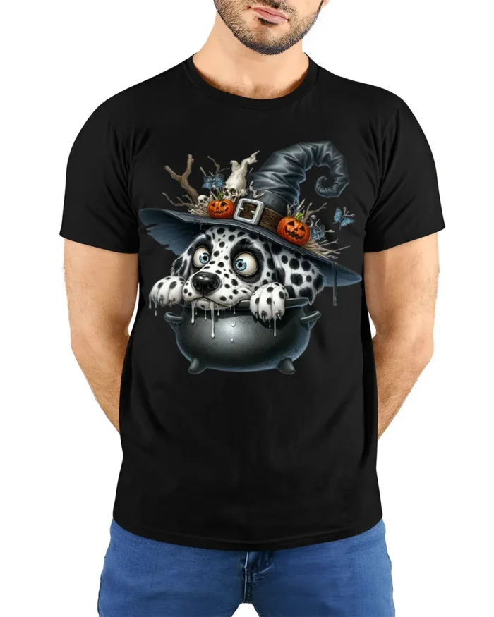 Dalmatian Witch Cauldron Halloween Graphic T-Shirt - model wearing black shirt, hands behind back