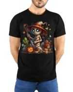 Cute Mummy Witch Halloween Pumpkin Graphic T-Shirt - model wearing black shirt, hands behind back