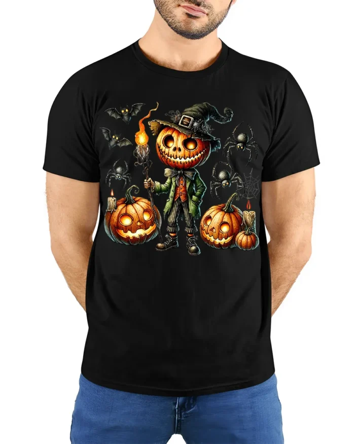 Pumpkin Head Halloween Witch Scarecrow T-Shirt - model wearing black shirt, hands behind back