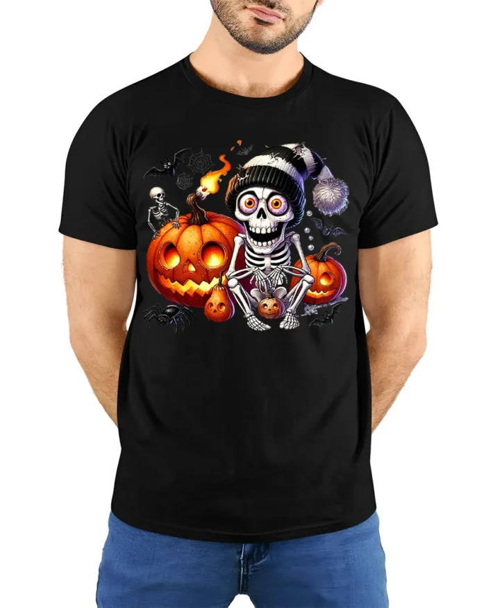 Skeleton Pumpkin Halloween Night Graphic T-Shirt - model wearing black shirt, hands behind back