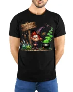 Cartoon Witch Halloween Cauldron Magic T-Shirt - model wearing black shirt, hands behind back