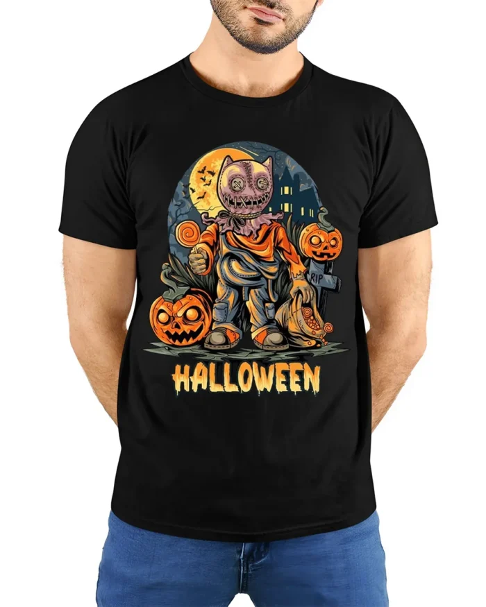 Scary Doll Mask Pumpkin Halloween Graphic T-Shirt - model wearing black shirt, hands behind back