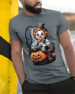 Scary Clown Halloween Pumpkin Graphic T-Shirt - model in grey shirt leaning against column