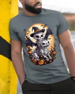Skeleton Rider Halloween Dragon Pumpkin T-Shirt - model in grey shirt leaning against column