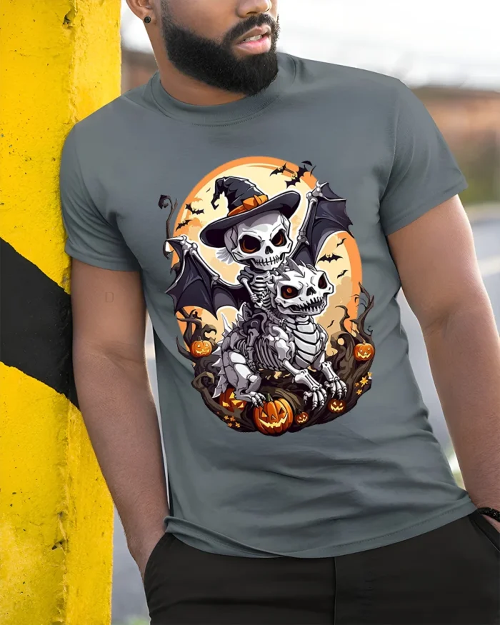 Skeleton Rider Halloween Dragon Pumpkin T-Shirt - model in grey shirt leaning against column