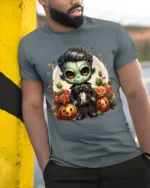 Cute Frankenstein Halloween Pumpkin Graphic T-Shirt - model in grey shirt leaning against column