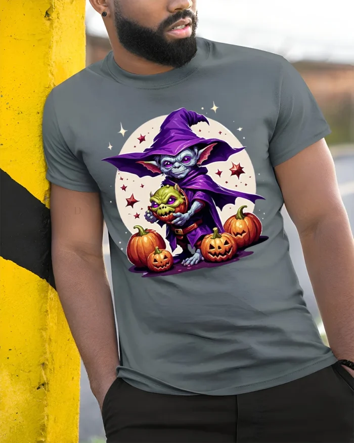 Goblin Wizard Halloween Pumpkin Graphic T-Shirt - model in grey shirt leaning against column