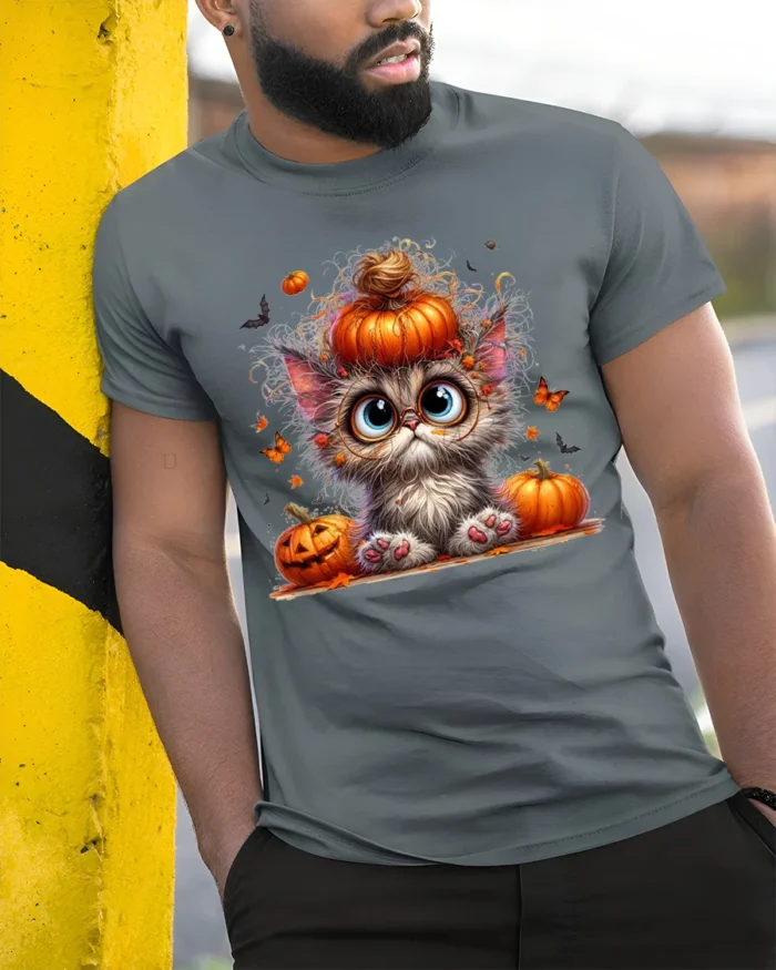 Cute Halloween Kitten Pumpkin Graphic T-Shirt - model in grey shirt leaning against column