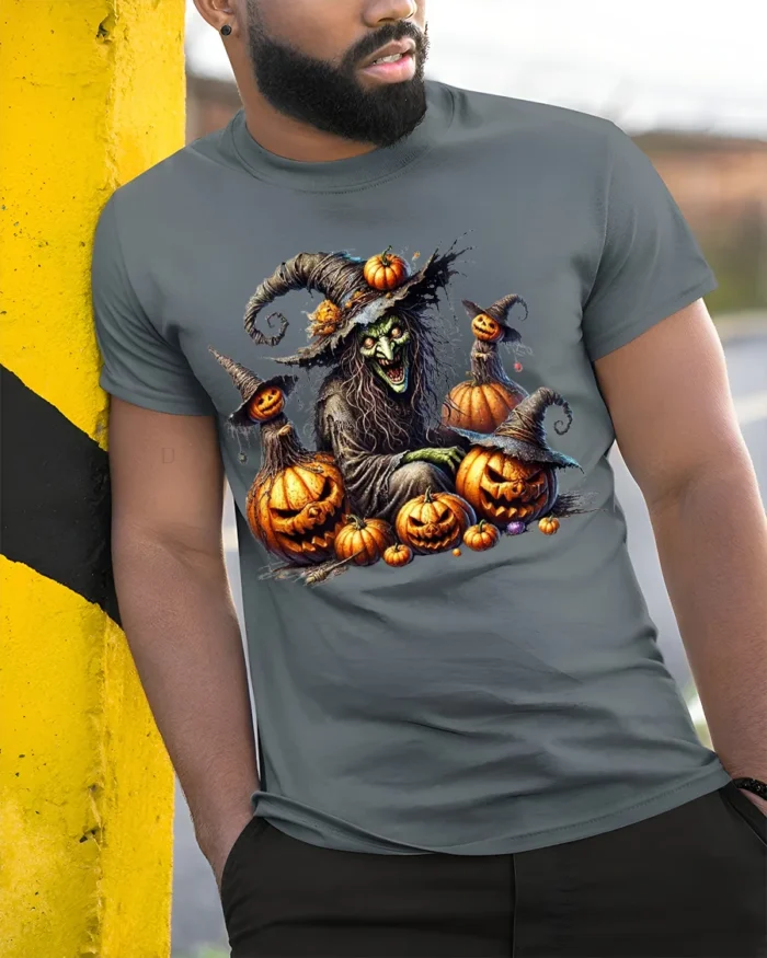 Evil Witch Pumpkin Halloween Scary Graphic T-Shirt - model in grey shirt leaning against column