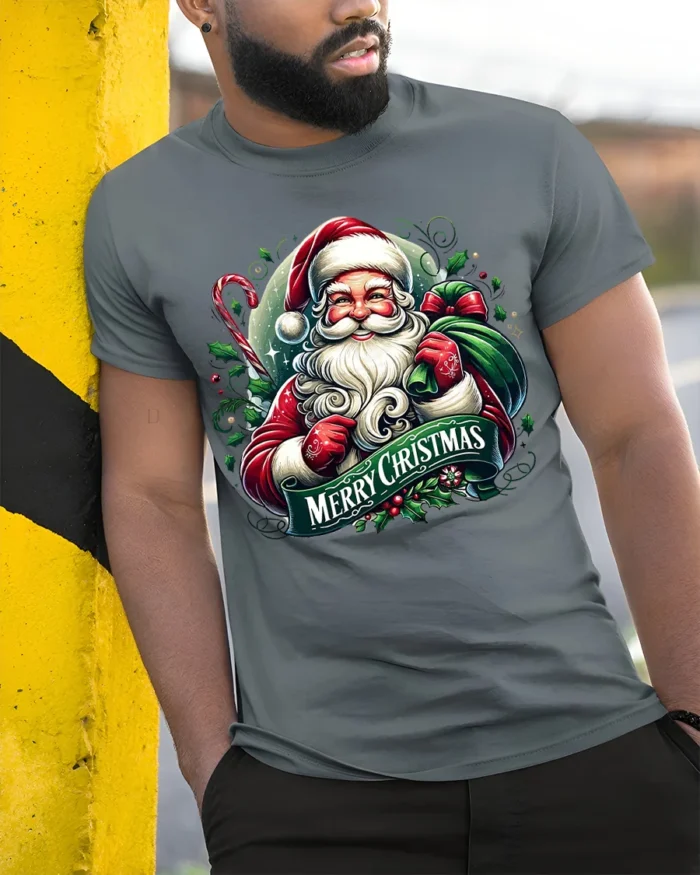 Classic Santa Merry Christmas Holiday T-Shirt - model in grey shirt leaning against column