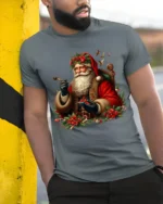 Vintage Santa Claus Christmas Holiday T-Shirt - model in grey shirt leaning against column