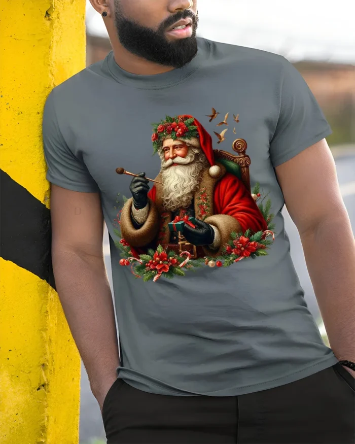 Vintage Santa Claus Christmas Holiday T-Shirt - model in grey shirt leaning against column