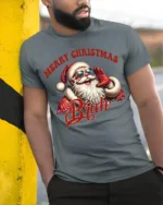 Funny Santa Merry Christmas Bruh Graphic T-Shirt - model in grey shirt leaning against column