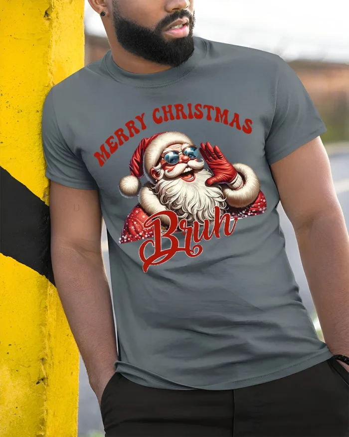 Funny Santa Merry Christmas Bruh Graphic T-Shirt - model in grey shirt leaning against column
