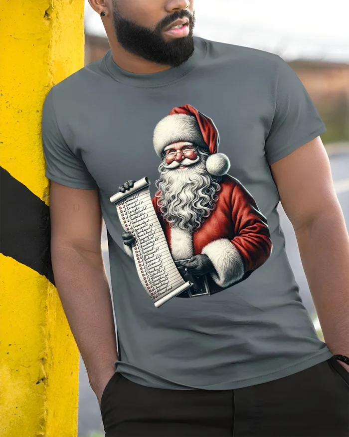 Santa Claus Christmas Naughty Nice List T-Shirt - model in grey shirt leaning against column